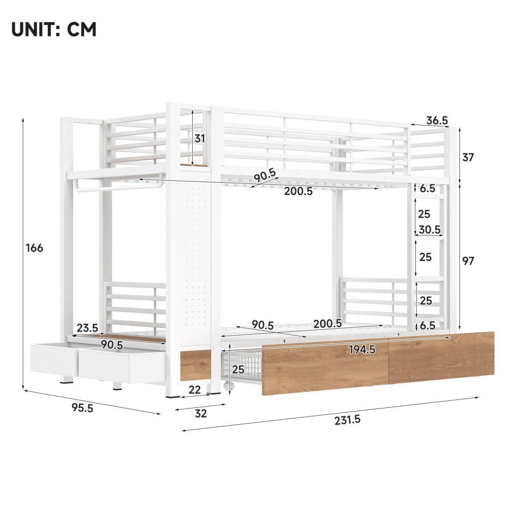 Letto a castello 90x200 cm in metallo e MDF con LED bianco