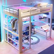 Letto a soppalco 140x200 cm in metallo con scrivania, LED e scaffali bianco