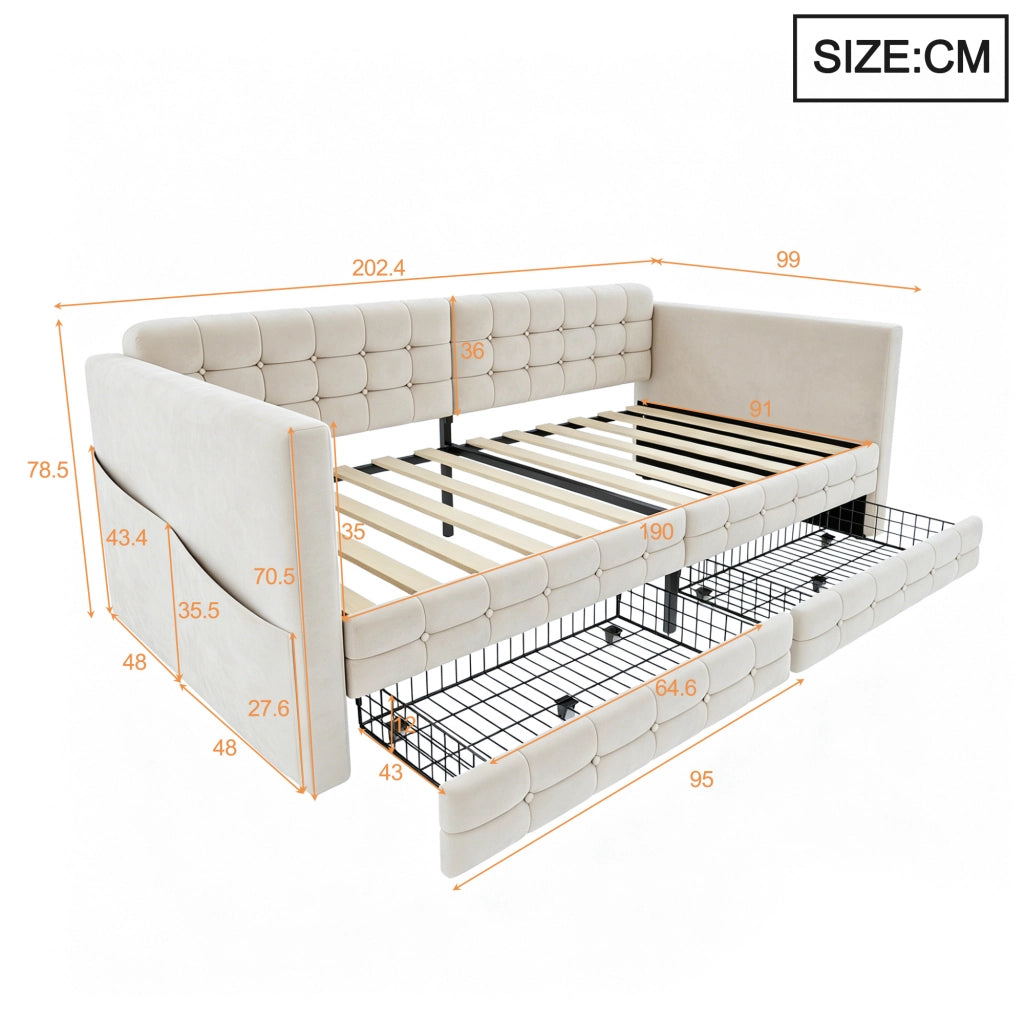 Letto imbottito 90x190 cm con contenitore, tasche laterali, 2 cassetti, tessuto effetto velluto, beige