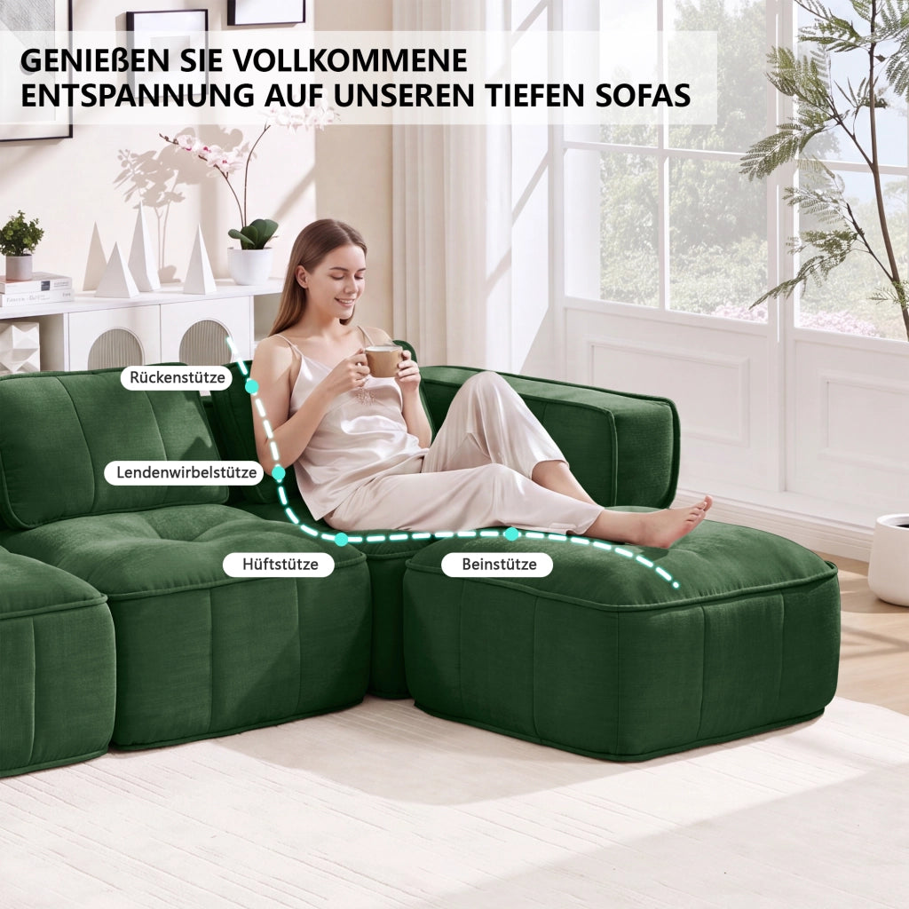 Divano angolare modulare 4 posti con pouf seduta profonda e braccioli ampi in poliestere verde per soggiorno moderno