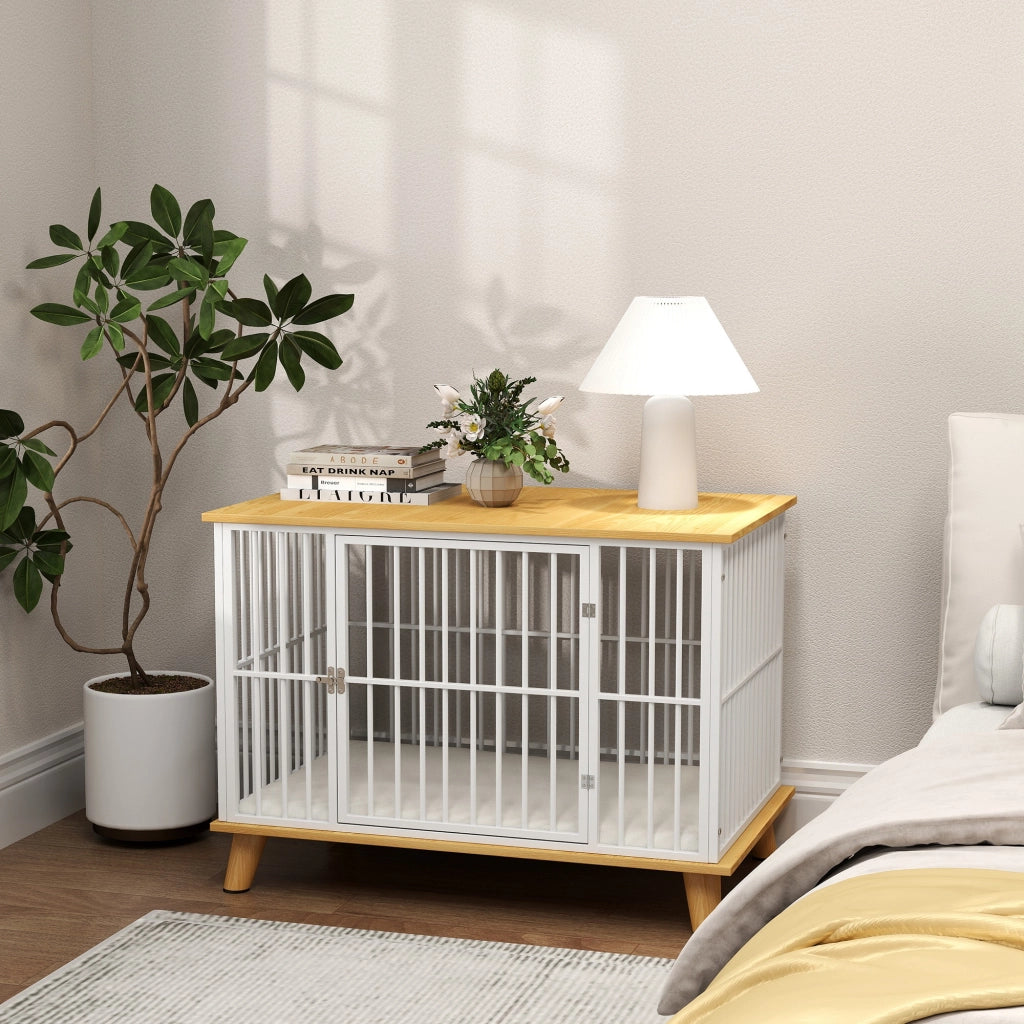 Casetta per cani con tappetino estraibile e porta a chiusura ¨C zephmum ¨C 86x60x70 cm, bianco e grigio, metallo