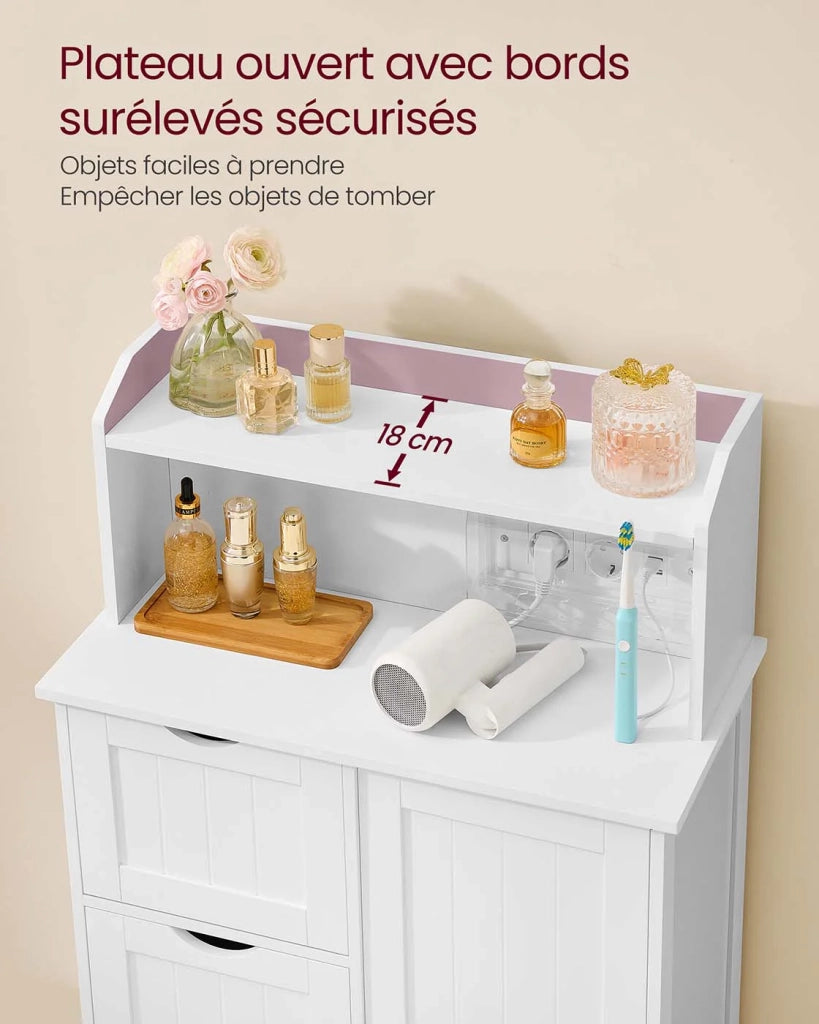Mobiletto da bagno mobile contenitore mobiletto con multipresa 3 cassetti 1 anta 2 ripiani regolabili per sala da pranzo cucina soggiorno bianco 12_0008024