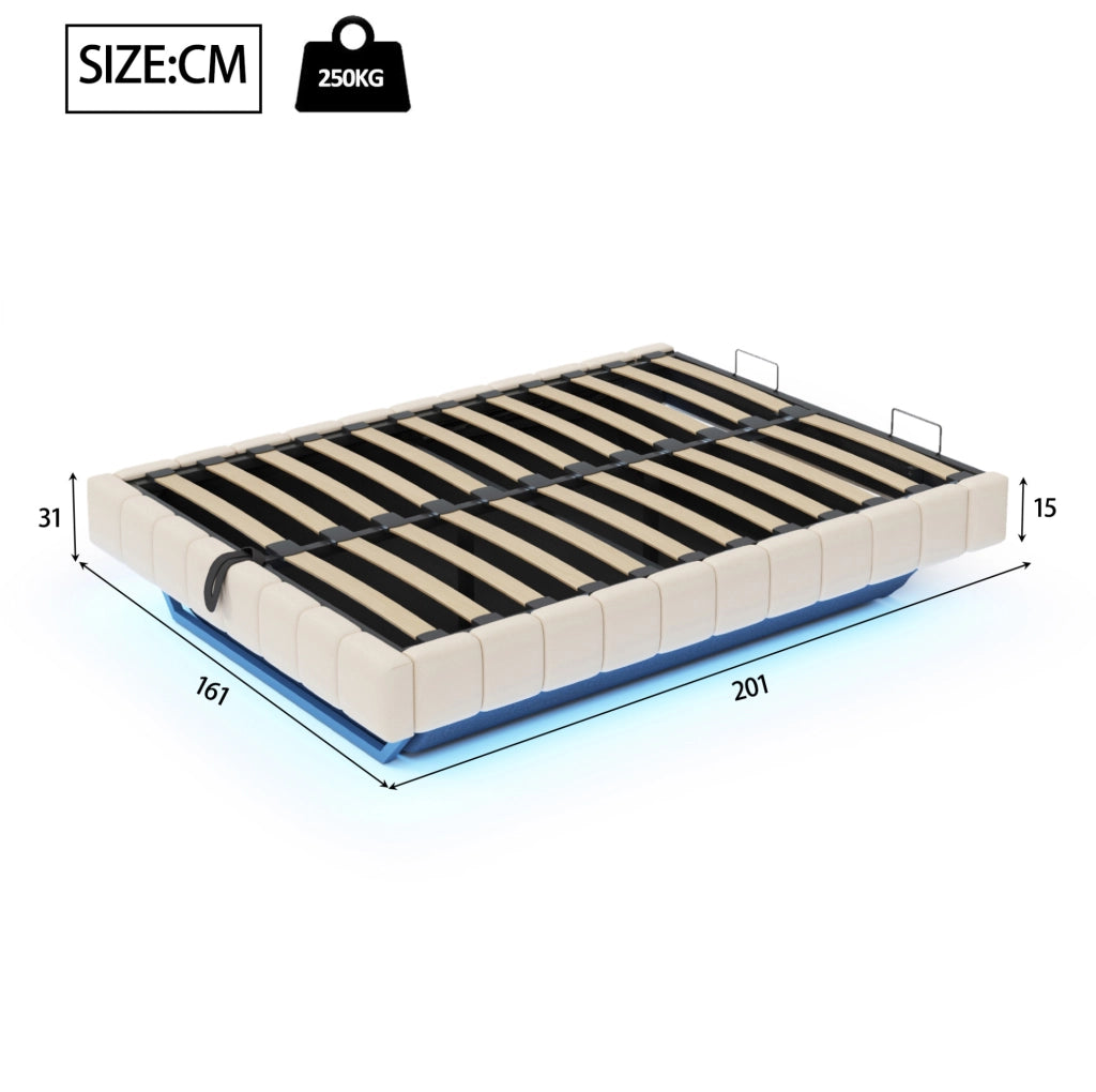 Letto imbottito sospeso 160 x 200 cm beige con LED e vano contenitore