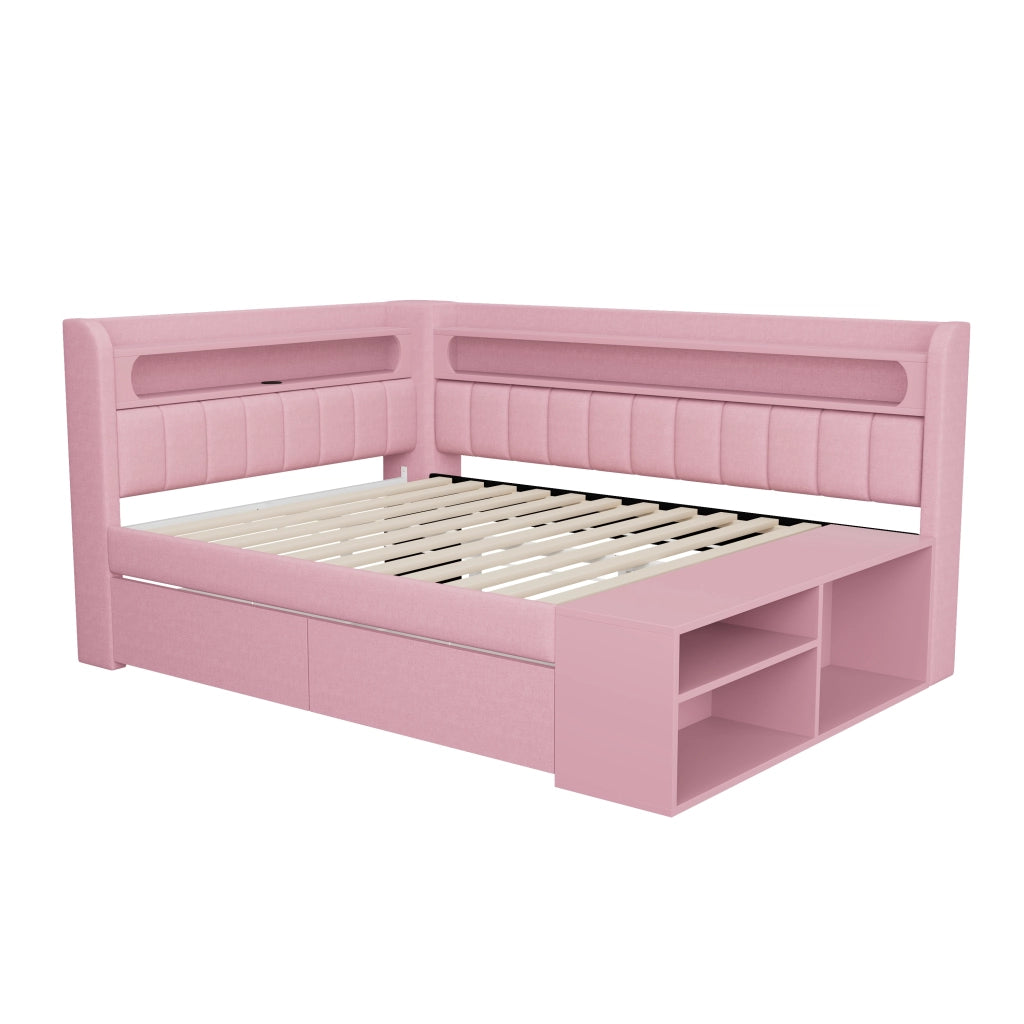 Letto a Divanetto 90x200 cm con USB; LED; 2 Cassetti e Scarpiera; Imbottito - Rosa