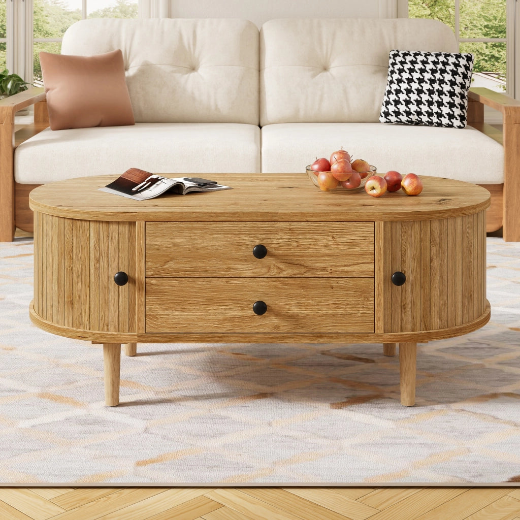 Tavolino ovale, finitura effetto legno, ante scorrevoli, 2 cassetti, in MDF, color legno naturale