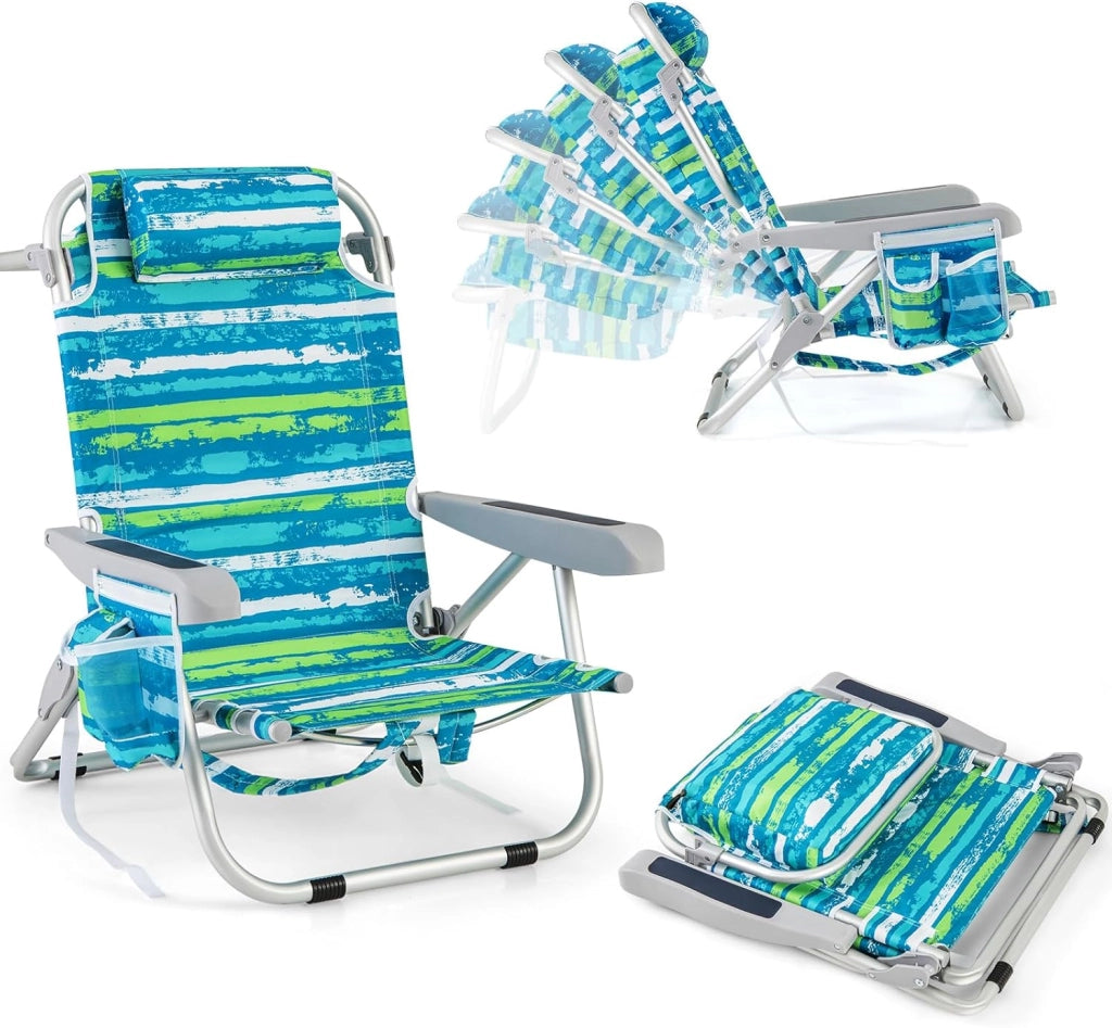 Sedia da Spiaggia Pieghevole, Spiaggina con Schienale Regolabile in 5 Posizioni, Sdraio Mare con Poggiatesta, Lettino Prendisole con Tasca Laterale, Carico 150 kg (Strisce Blu*1)
