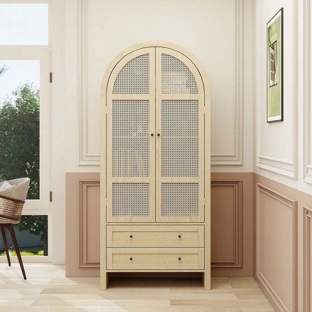Armadio di archiviazione - Xylo - 79x39,5x178cm - Stile boh??mien con porte in rattano e due cassetti