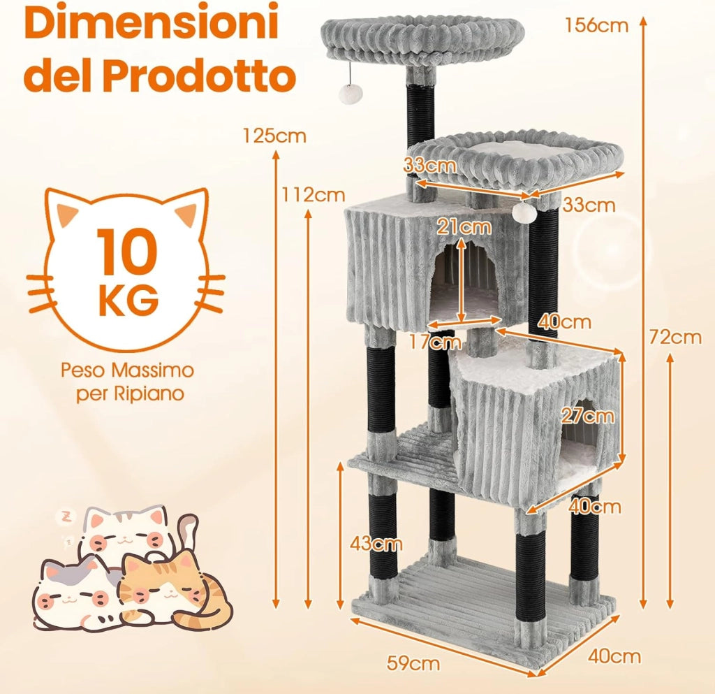 Albero per Gatti Alto 156 cm, Tiragraffi per Gatti con 2 Condo, 2 Letti a Ponte, Pali per Graffi, Palline Sonore Pendenti e Rivestimento Morbido in Flanella, Mobile per Gattini