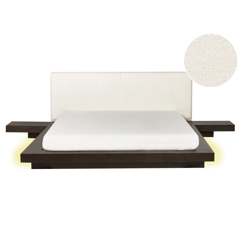 Letto LED in stile giapponese in frassino scuro 160 x 200 cm testata in legno impiallacciato bouclé camera da letto a basso profilo