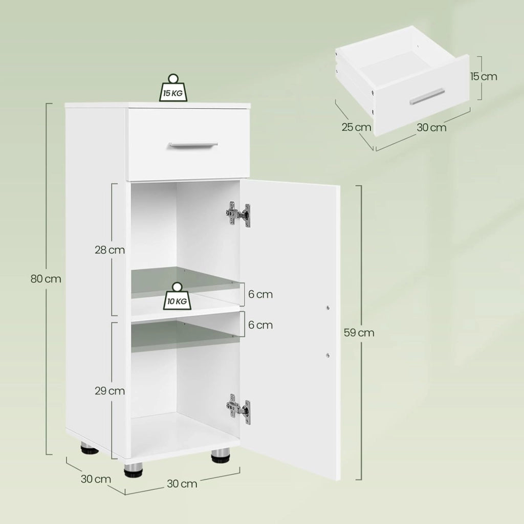 Mobiletto da Bagno Salvaspazio a Colonna, Armadietto in Legno, Mobile da Bagno a Terra, con Cassetto, Anta e Ripiano Regolabile, Bianco