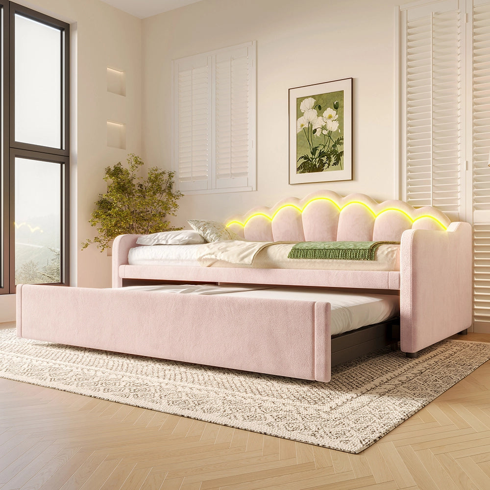 Letto giorno estraibile 90/180x200cm - Xylo - rosa, LED RGB, velluto