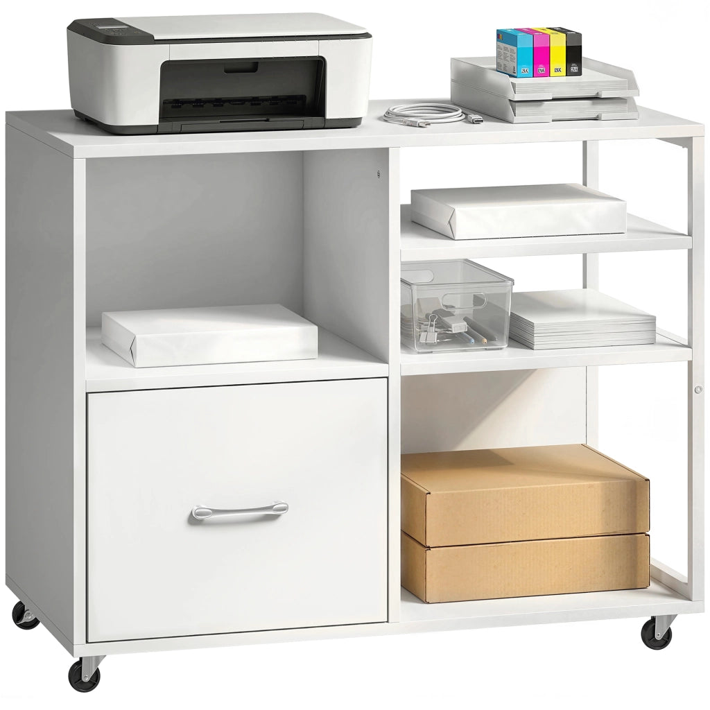 tavolo stampante con ruote e cassetto A4, ideale per casa e ufficio.