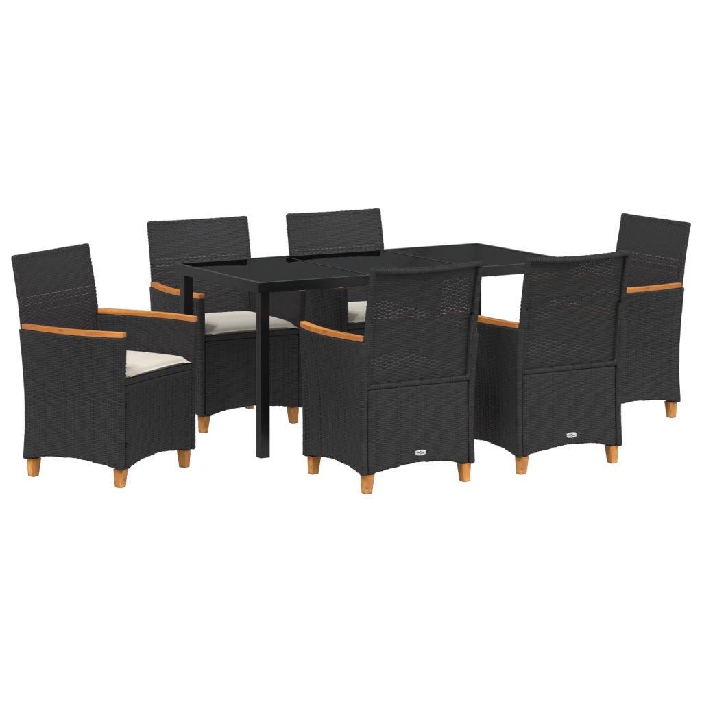 Set da Pranzo da Giardino 7 Pezzi con Cuscini Nero Rattan PE