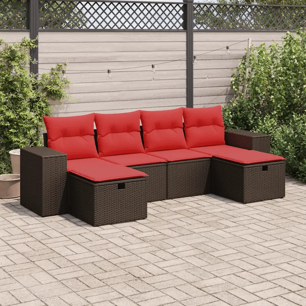 Set Divano da Giardino 6 pz con Cuscini Marrone in Polyrattan