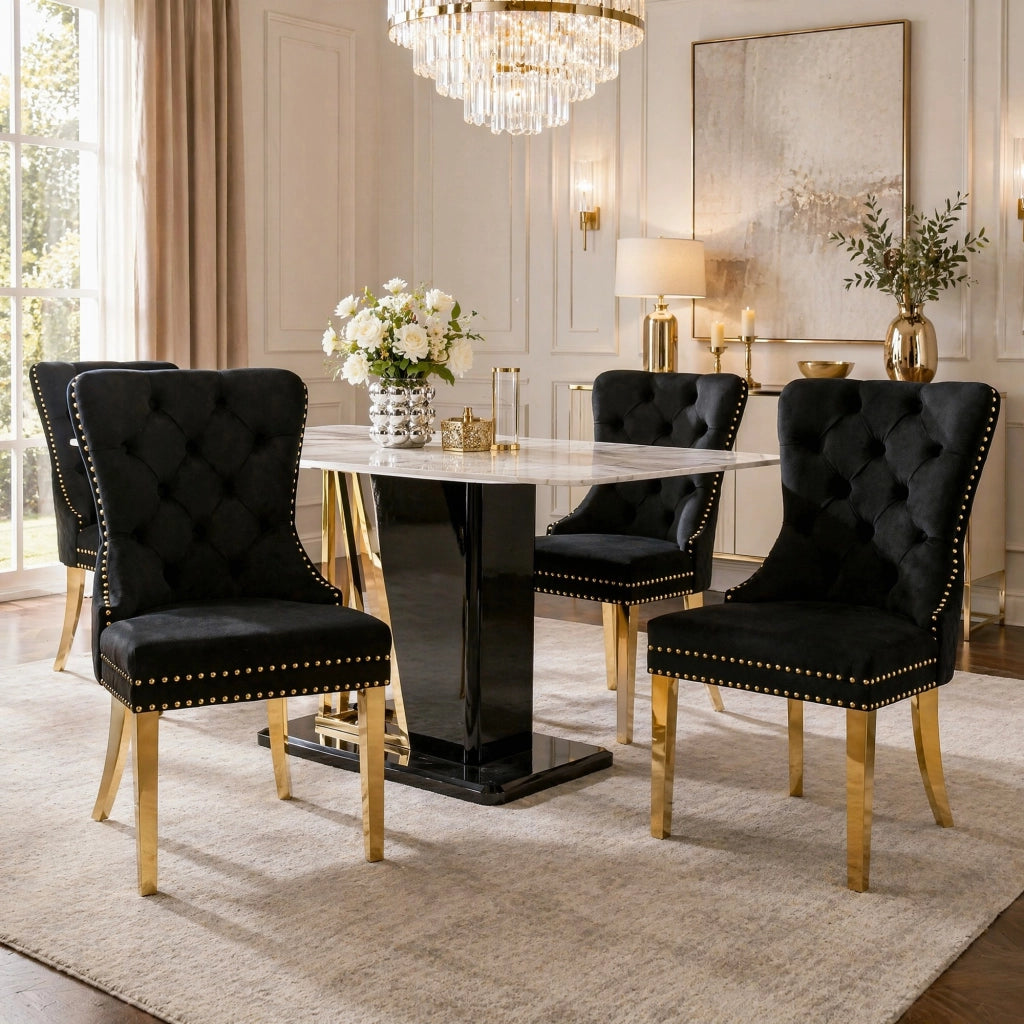 Sedia da Pranzo con Anello Posteriore e Borchie Decorative, in Velluto Nero, 50.5 × 45 × 95 cm