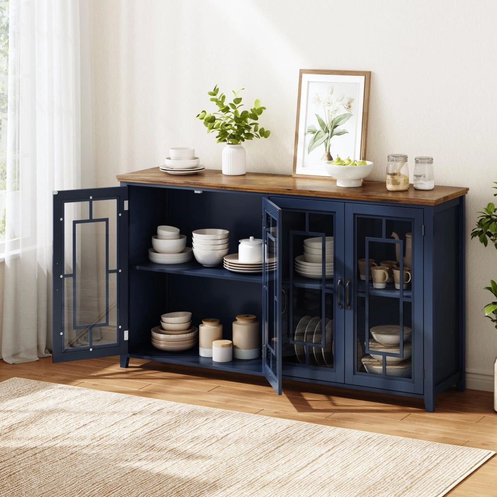 Credenza da cucina 160 cm con ante in vetro, ripiani interni e piano effetto legno, blu