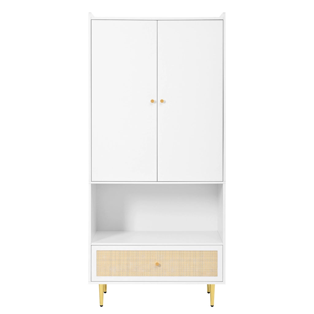 Armadio a 2 ante con cassetto in effetto rattan, barra appendiabiti e ripiano aperto, colore bianco/naturale, 80x48x175 cm