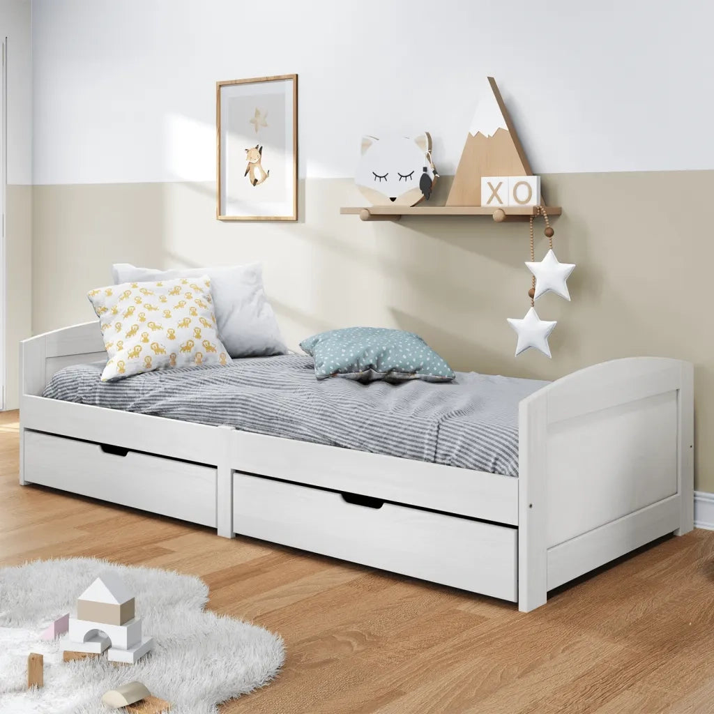 Letto singolo | Letto per adulti | Dormeuse 2 Cassetti Bianca 90x200 cm Legno Massello Pino IRUN