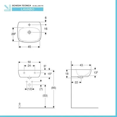 Lavabo sospeso 50 cm Geberit bianco lucido monoforo  Fantasia