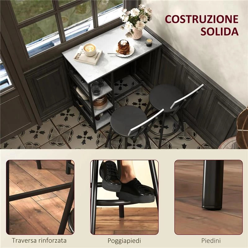 SET DA PRANZO 3 PEZZI CON BANCONE BAR CON RIPIANI E 2 SEDIE ALTE CON SCHIENALE GRIGIO CHIARO