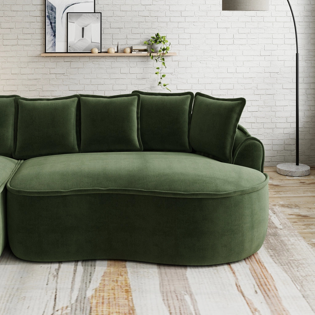 Divano modulare senza struttura in ciniglia con due moduli, seduta profonda, braccioli larghi e funzione letto verde