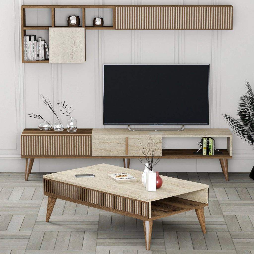 Cassacco, set Mobili da Soggiorno Modulabile, Marrone