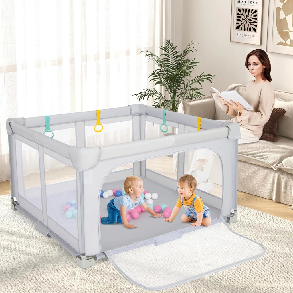 Box per Bambini 127 x 127 cm, Recinto per Bambini Pieghevole in Tessuto Oxford con Rete Traspirante, Box con Giochi che Include 50 Palline, 4 Pezzi Anelli e Borsa (Grigio, 127 x 127 cm)
