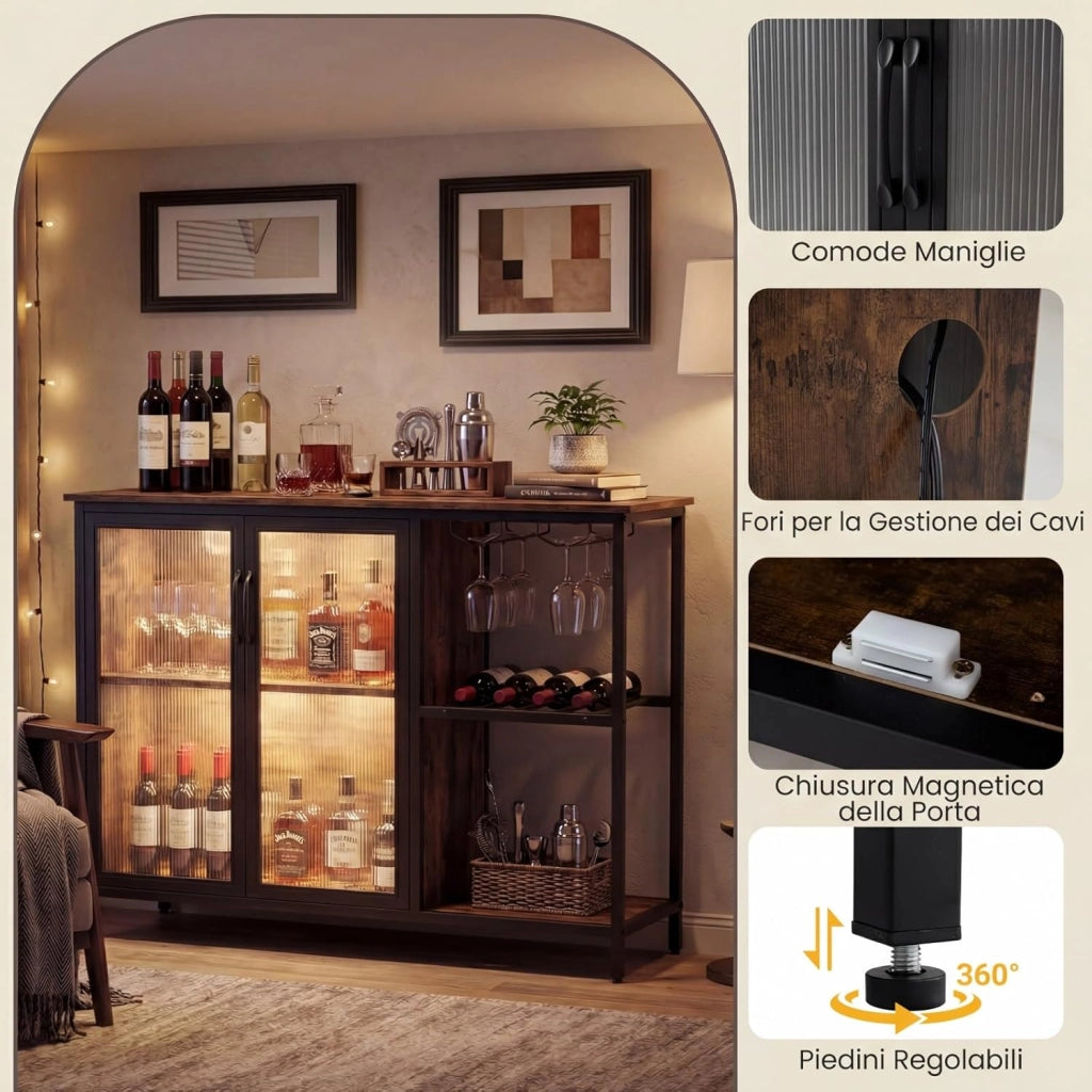 Mobiletto Bar per Vino con Prese di Corrente e Luci LED, Mobile Bar da Terra per Caffè con Portabottiglie e Portabicchieri, Credenza Buffet per Liquori per Cucina, Sala da Pranzo e Soggiorno