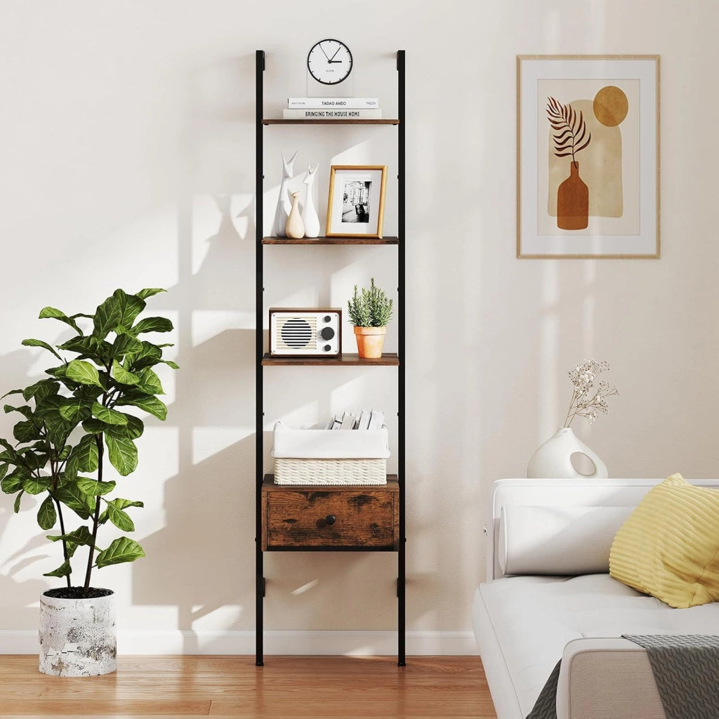 Libreria a Scala a 5 Ripiani con Cassetto in Tessuto, Scaffale da Parete Salvaspazio in Legno, Scaffale Portaoggetti per Soggiorno, Studio e Camera da Letto, 43 x 30 x 178 cm, Marrone