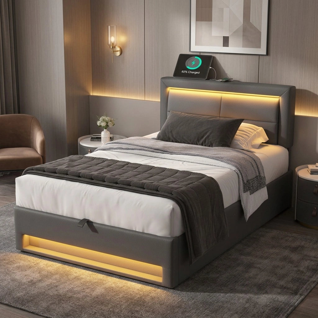 Letto imbottito 90x200 cm in PU grigio con USB; LED e contenitore