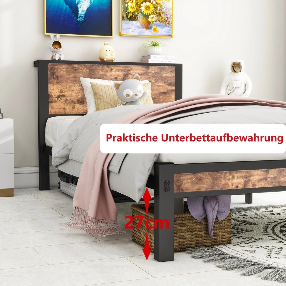Giroletto Singolo in Metallo con Testiera Contenitore ¨C MINIMAL ¨C 90x200, Marrone Vintage