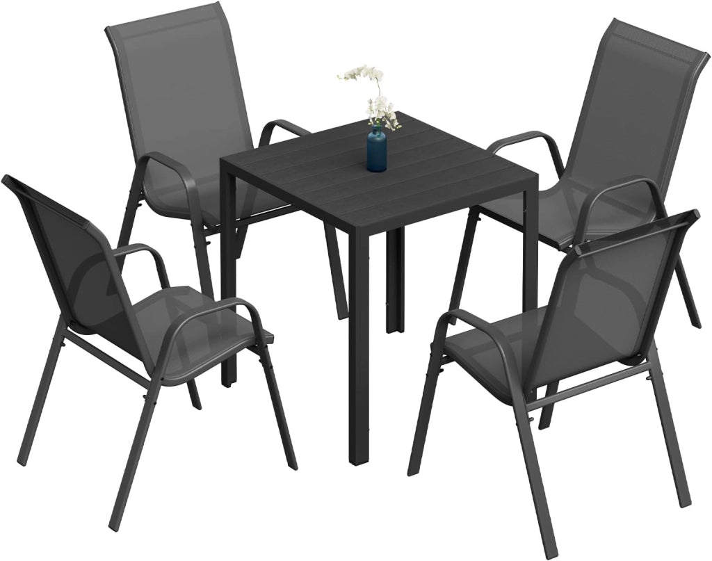 Set di 2 sedie da giardino impilabili, sedie da esterno con braccioli e schienale, per terrazza, balcone, grigio scuro
