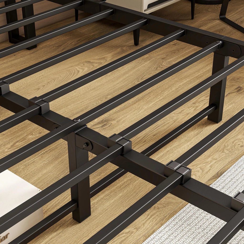 Letto contenitore 140 × 190 cm con testiera a 2 ripiani, USB Type-C, senza materasso, in metallo e MDF, nero