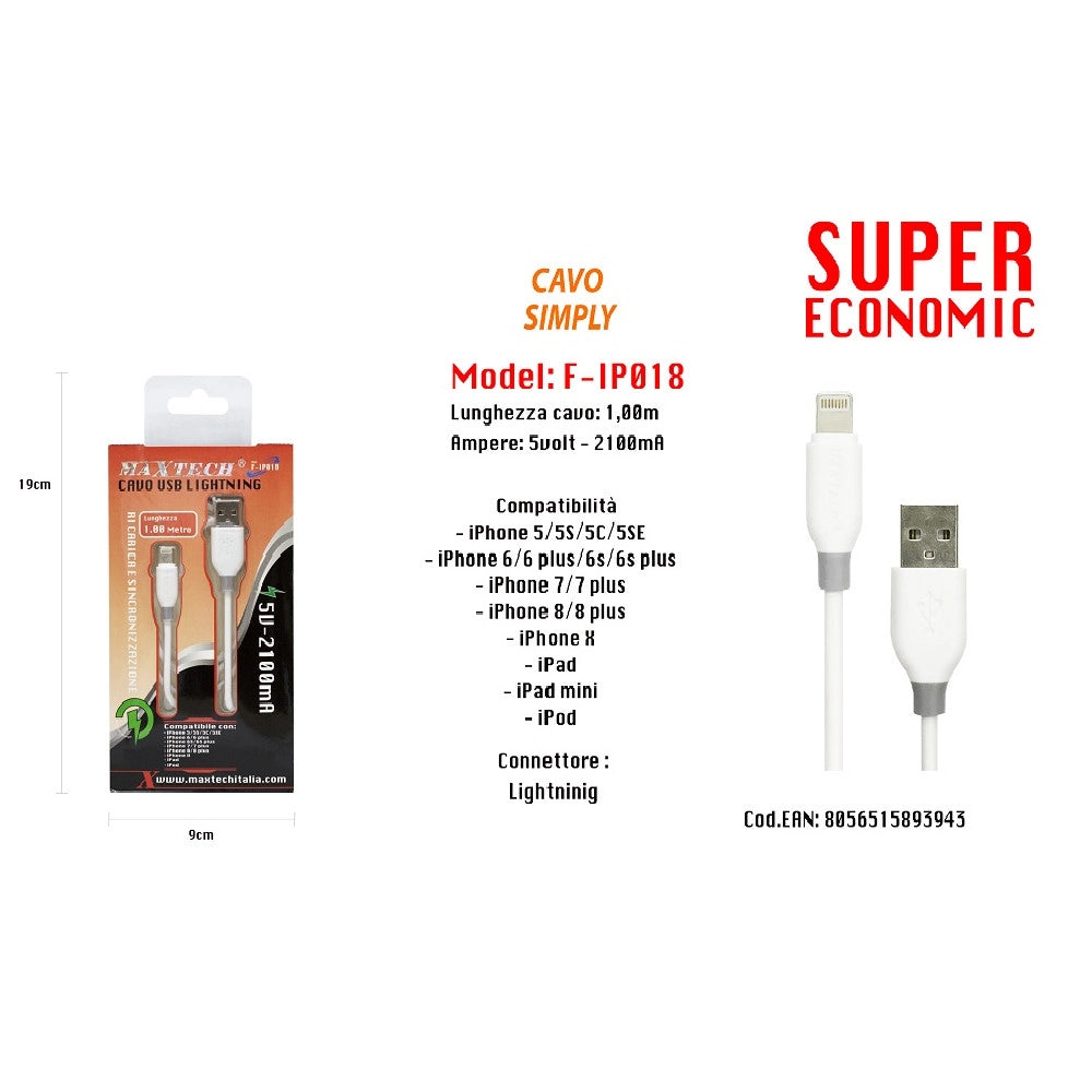 Trade Shop - Cavo Usb Lightning Simply Compatibile Per Iphone Ipad Ipod 1mt Maxtech F-ip018 -
