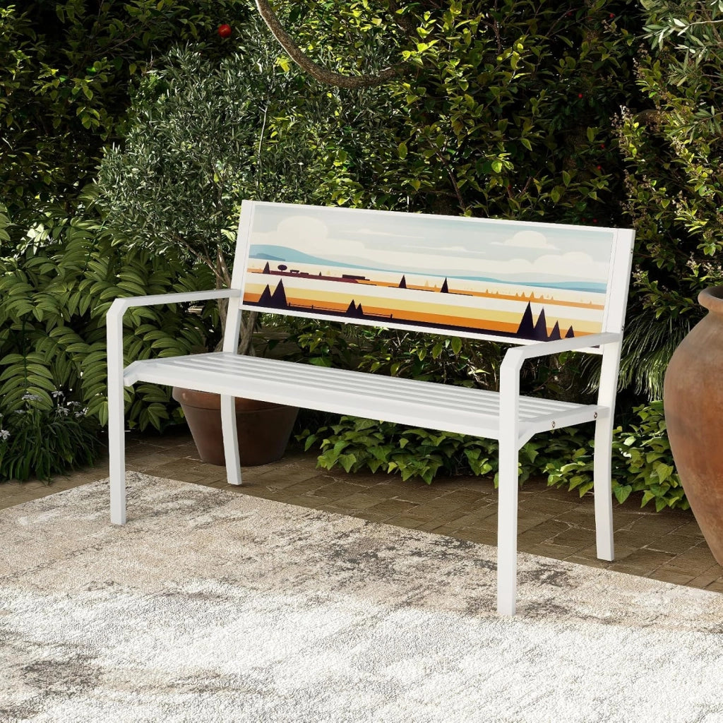 Panca da Giardino Decorativo Artistico in Metallo, Panchina da Esterno con Schienale Decorato, Panchina da Giardino 2-3 Posti per Terrazza (Bianco, 128 x 53 x 81,5 cm)