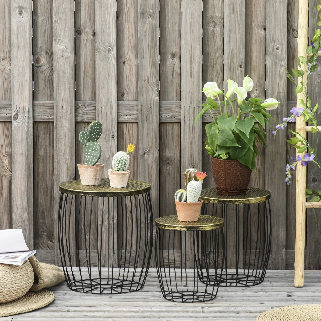 EasyComfort Set da Giardino Esterno, 3 Tavolini da Balcone Impilabili, Arredamento da Giardino Stile Industriale in Metallo Nero