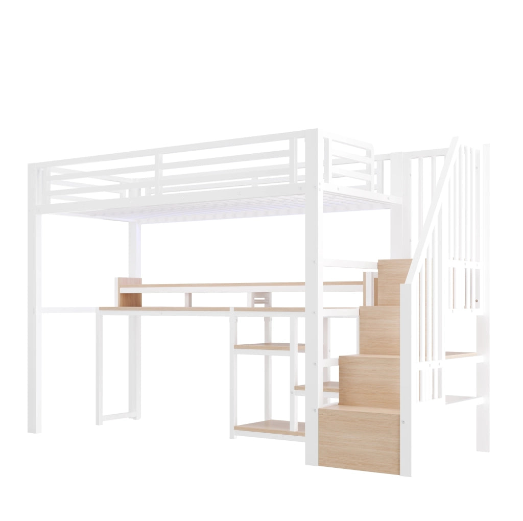 Letto a soppalco 90x200 cm in metallo e MDF con armadio scala; LED; USB e Type-C; bianco