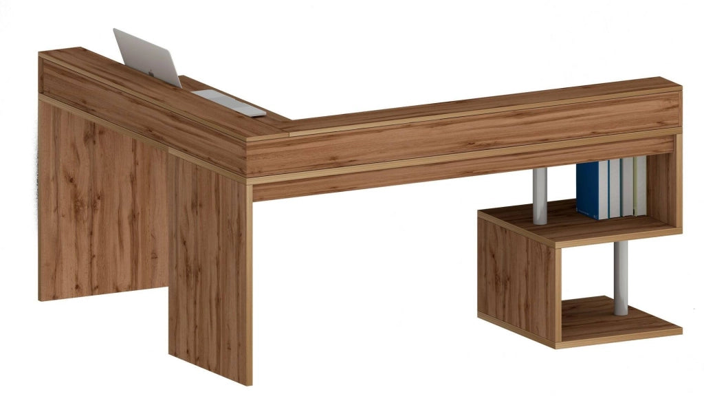 Scrivania Auletta, Scrittoio angolare con ripiani portaoggetti, Scrivania ufficio multiuso con sopralzo, 180x60h93 cm, Rovere