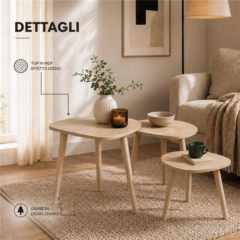 SET DI 3 TAVOLINI CON PIEDI IN LEGNO CHIARO E TOP IN MDF EFFETTO LEGNO CHIARO MISURE: 39X32CM, 48X38CM, 59X49CM