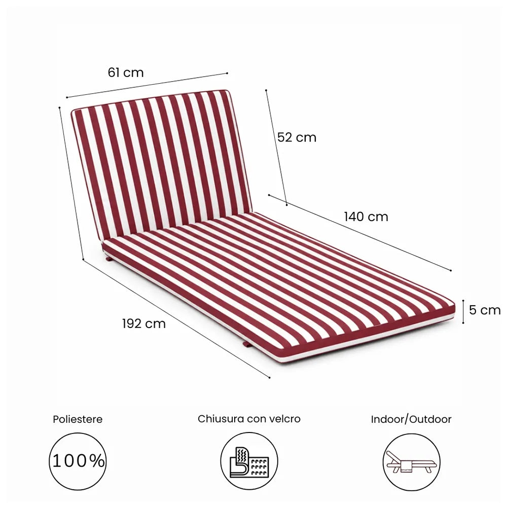 Cuscino per lettino da esterno 192x61 cm a righe con schienale reclinabile e velcro in poliestere – Bordeaux/Bianco