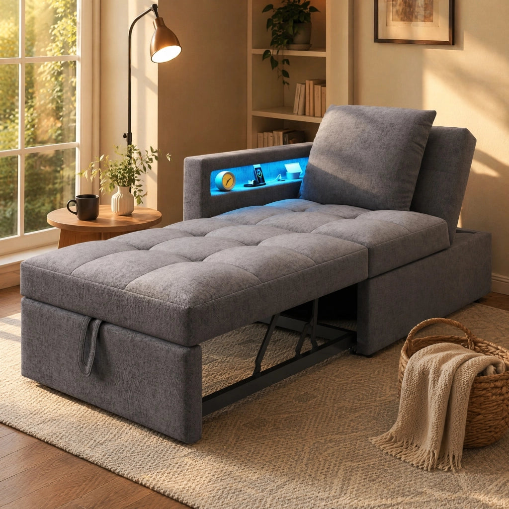 DIVANO LETTO 3 in 1 177x68x65 cm Tessuto di lino Grigio scuro USB/Type-C