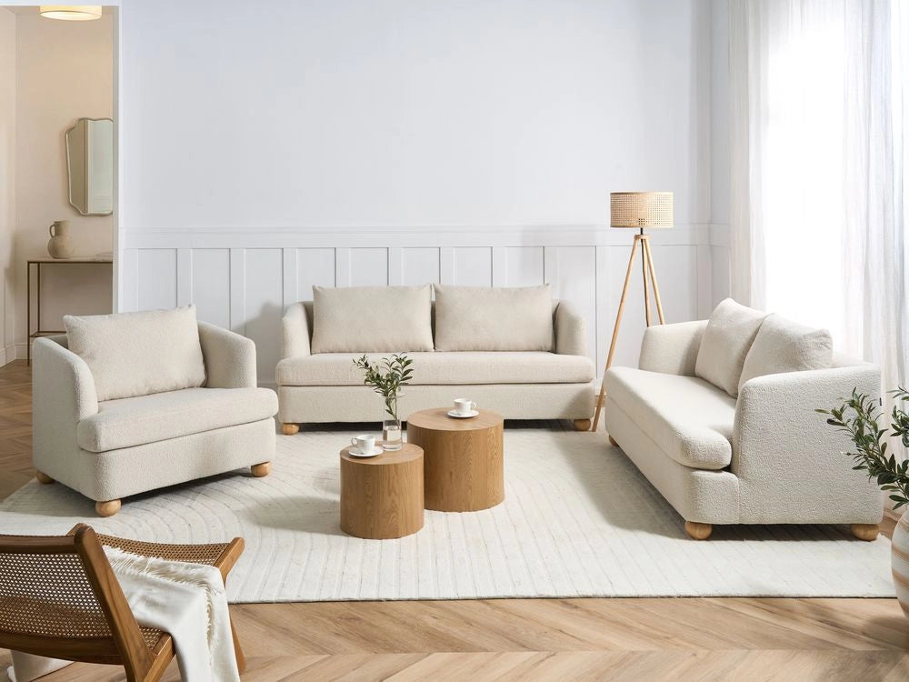 Set da salotto a 6 posti con rivestimento in ciniglia braccioli e gambe rotonde in legno set composto da divano e poltrona salotto bianco sporco