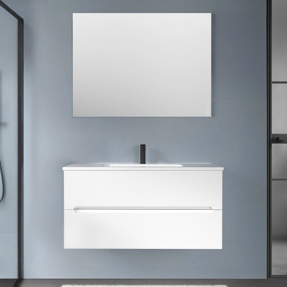 Mobile bagno sospeso 100 bianco cannettato 2 cassetti lavabo e specchio Rigo