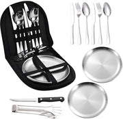 Set da campeggio 10 pezzi - Acciaio inossidabile - Progettato in modo compatto - Cucina da 2 persone - Ideale per campeggi e picnic - Peso 893 g - Set da cucina