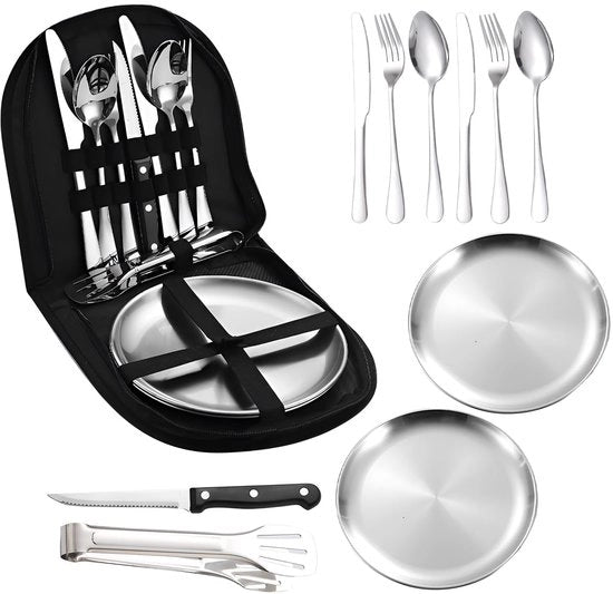 Set da campeggio 10 pezzi - Acciaio inossidabile - Progettato in modo compatto - Cucina da 2 persone - Ideale per campeggi e picnic - Peso 893 g - Set da cucina