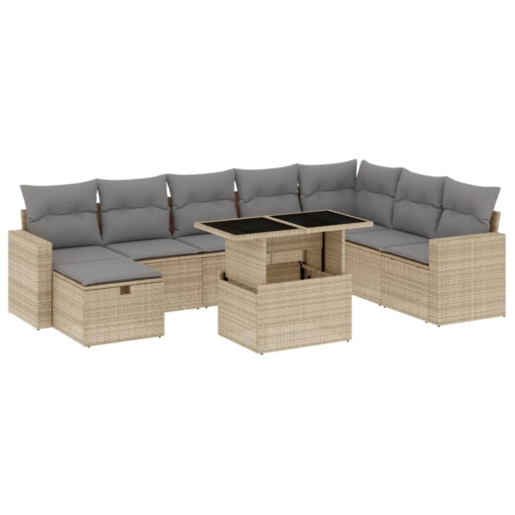 Set Divano da Giardino 9 pz con Cuscini Beige in Polyrattan
