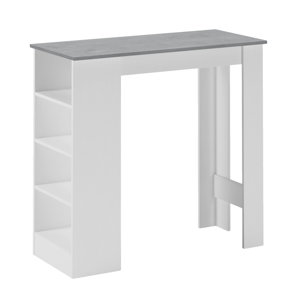 Tavolo snack alto Kivo bianco e cemento con 3 ripiani laterali 112x49.6x103.5H