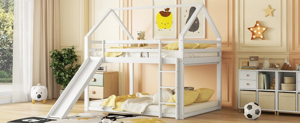 DESMIU Letto a castello casetta 140 × 200 cm 2 posti con scivolo e scala, senza materasso, in pino, bianco