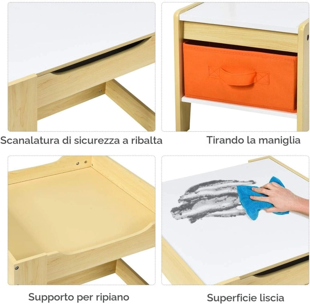 3 in 1 Tavolo e Sedie per Bambini, Set Mobili di 3 Pezzi Camera, Tavolino Bianco e Nero da Gioco, Multiuso, Cosigliata Età 3-7 Anni, in Legno