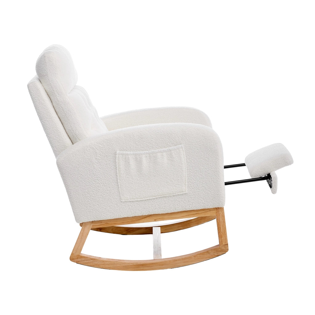 Poltrona a Dondolo Bouclé Bianca 65;6x123x102 cm con Poggiapiedi Estraibile e Tasche Laterali
